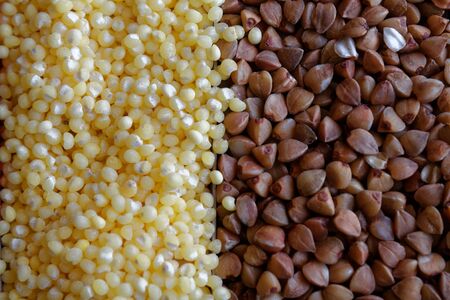 Buckwheat and wheat millet porridge texture high-quality photograph of premium buckwheat groats The...
