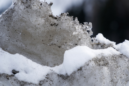 Snow Winter background, close-up of frosted ice lump on a snowing day with copy space.