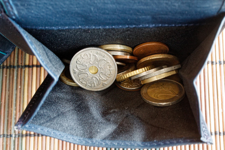 Pile of euro coins in leather black walletの写真素材