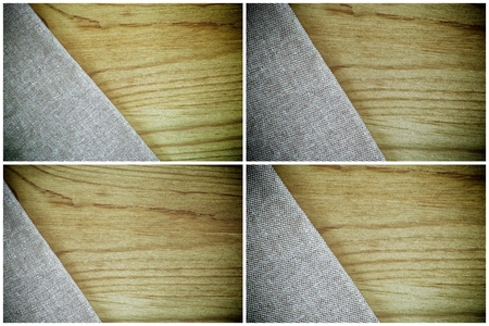 Postcard sample, linen fabric surface on wooden table with free copyspace for greeting text, for mock-up or designer use, book cover sample.の写真素材