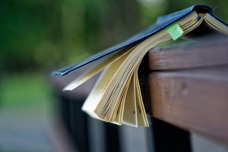 Wind turns the pages of open Notebook lies on wooden handrail in park, business concept.