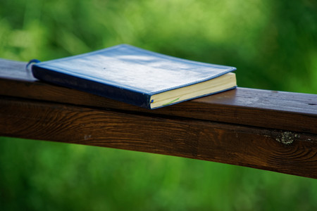 Blue Notebook lies on wooden handrail in park, business concept.