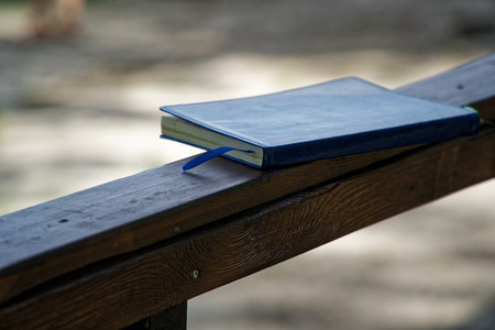Blue Notebook lies on wooden handrail in park, business concept.