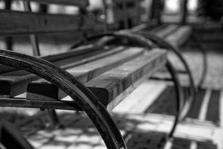 Monochrome bench in public park, sunny day, clear weather.の写真素材