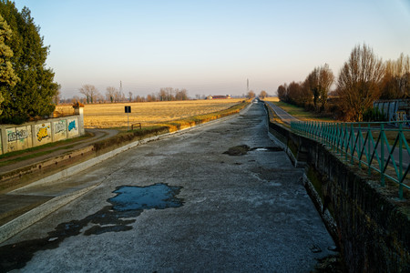 Dried up water canal, global warming concept.の写真素材