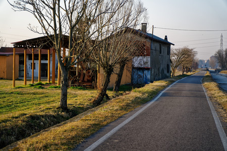 Farm facade from courtyard at sunrise.の写真素材