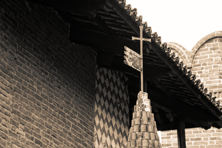 Roof tiles, medieval old roof tile, sepia shot fromの写真素材
