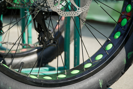 bicycle tires and Bicycle wheel in a row close-up wheel detail, bicycle spoke