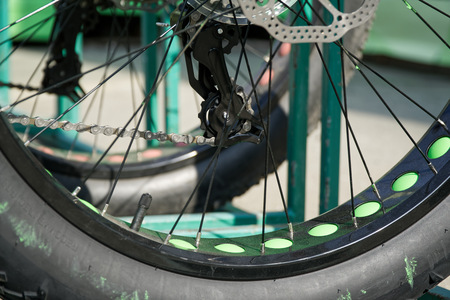 bicycle tires and Bicycle wheel in a row close-up wheel detail, bicycle spokeの写真素材
