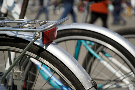 Bicycle wheel in a row close-up wheel detail, bicycle spokeの写真素材