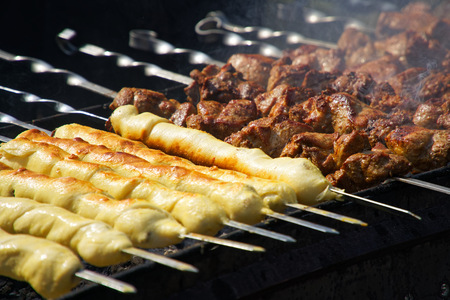 Barbecue meat on grill, traditional street food.の写真素材