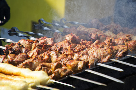 Barbecue meat on grill, traditional street food.の写真素材