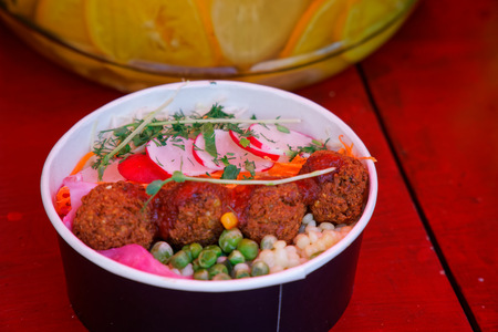 Fried meat ball, delicious meat cutlets on table, street food.の写真素材