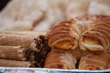 Fresh Croissant bread, sweet bakery street foodの写真素材