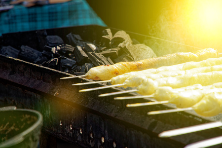 Barbecue meat on grill, traditional street food.の写真素材