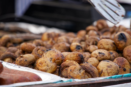 Fried meat ball, delicious meat cutlets on table, street food.の写真素材