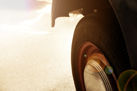 Vintage wheel of classic car, shiny car body, selective focus.の写真素材