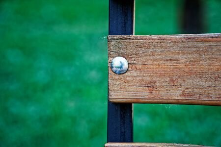 Brown wooden bark on wooden bench, close-up objects, defocused background.の写真素材