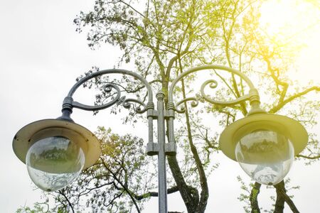 Transparent round lanterns on a blurred natural background. A close-up of a spherical glass plafond street lights.の写真素材