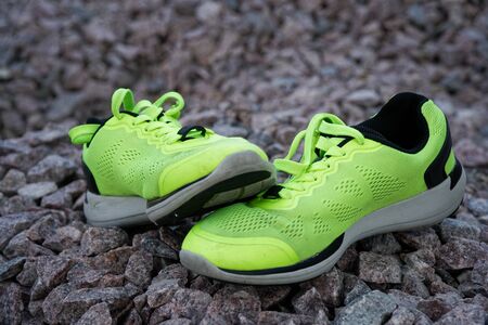 Trail running shoes in a park, close-up sneakers. Running shoes before practice. Sport active lifestyle concept. Horizontal photo banner for website header design.の写真素材