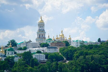 Kyiv cityscape with with Kiev Pechersk Lavra monastery and the Motherland Monument, Ukraine. Kiev Pechersk Lavra or the Kiev Monastery of the Cavesの写真素材