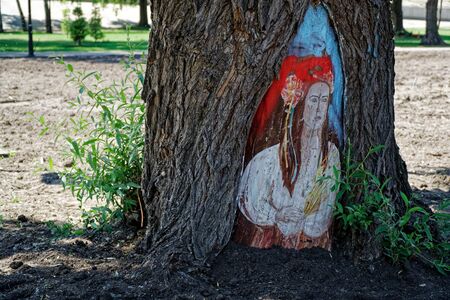Picture of woman in traditional clothes on tree trunk.の写真素材