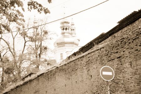 Orthodox church wall low angle view, vintage photo.の写真素材