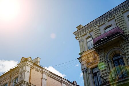 Angle of antique building. Architecture large building of antique roman style with pillars and blue sky.の写真素材