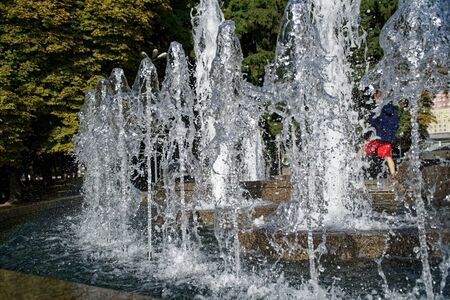 Fountain in park with splash water stream.の写真素材