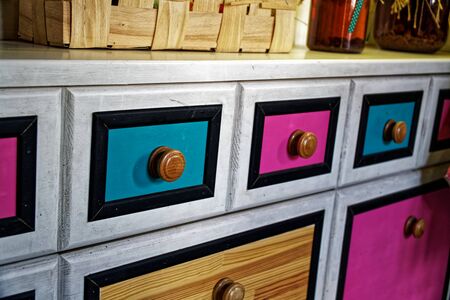 Colorful designer Wooden Drawer, cozy cafe interier.の写真素材