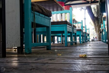 Old vintage wooden chair, table and bench.の写真素材