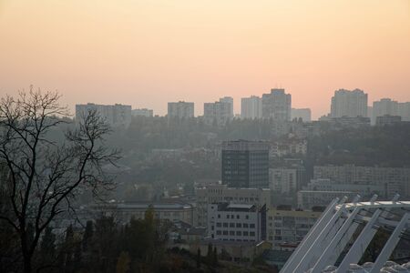 Roof of stadium and cityscape behind on city background. Soccer stadium.の写真素材