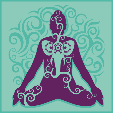 a man sitting in a yoga pose and meditating on a turquoiseのイラスト素材