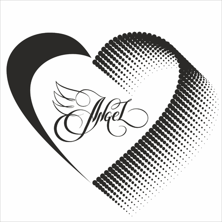 Unique hand drawn lettering with swirls - Angel. Romantic design element - heart and lettering for valentines day. Halftone pattern.のイラスト素材