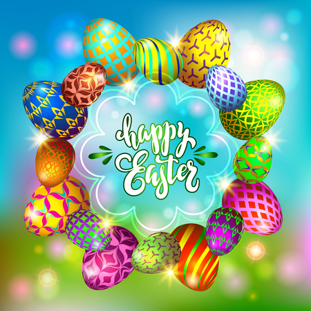 Multi colored easter eggs on a blurred blue background with the hand drawn lettering Happy Easterのイラスト素材