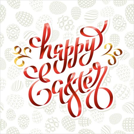 unique handwritten lettering ribbon Happy Easter on a seamless white background with eggsのイラスト素材