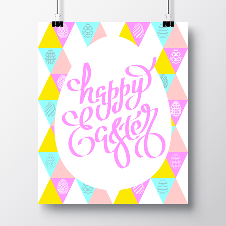 Poster with a handwritten phrase of happy easter and seamless pattern with eggs. Vector illustration for wallpaper, flyers, invitation, posters, brochure, greeting card, banner.のイラスト素材