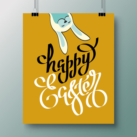 Poster with a handwritten phrase of happy easter and with a silhouette of a rabbit. Vector illustration for wallpaper, flyers, invitation, posters, brochure, greeting card, banner.のイラスト素材