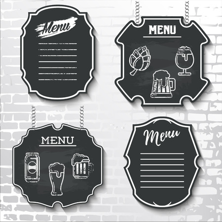 Menu with vector beer icons drawn in chalk on a black chalkboard hanging on a brick wall background. The illustration can be used for menu and signage of a bar, pub, cafe.のイラスト素材
