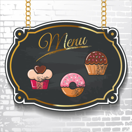 Menu with vector sweet cake icons drawn in colorful chalk on a black chalkboard hanging on a brick wall background. The illustration can be used for menu and signage of a bakery, restaurant, cafe.のイラスト素材