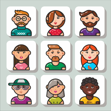 Set of cartoon people avatars- face icons. Vector Isolated flat colorful illustration.のイラスト素材