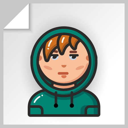 Cartoon male avatars- face icons. Vector Isolated flat colorful illustration. Guy is a teenager in a hoodie.のイラスト素材
