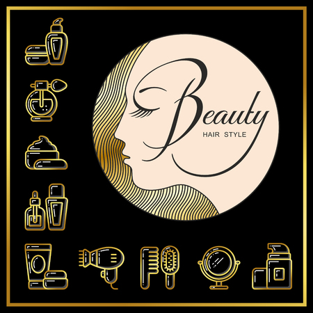 Beautiful face of girl with golden hair and beauty cosmetics icons drawn in gold lines on a black background. Vector illustration for use on booklets, brochures, flyers, business beauty salons and hairdressers.のイラスト素材