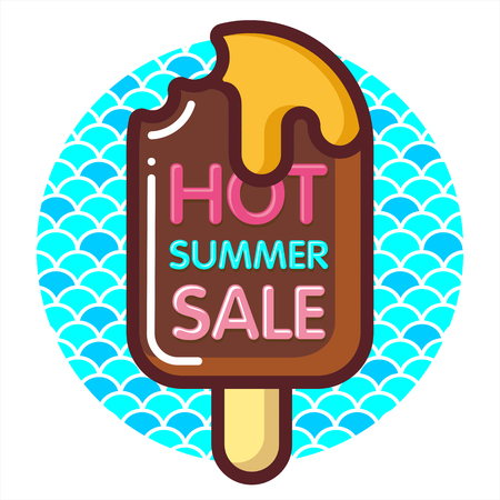 Template summer sale discount banner with ice-cream and sea. Summer time art design, travel. Vector illustration for wallpaper, flyers, invitation, posters, brochure, special offer voucher.のイラスト素材