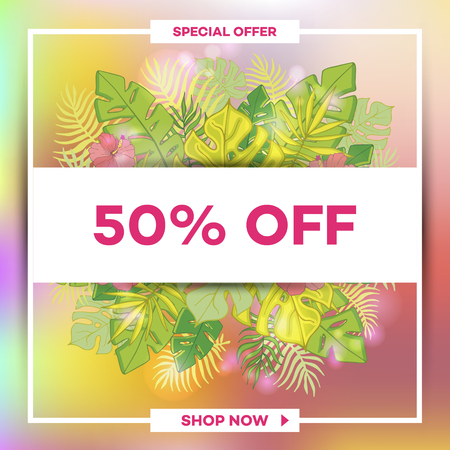 Template summer sale discount banner with tropical palm leaves. Summer time art design, travel. Vector illustration for wallpaper, flyers, invitation, posters, brochure, special offer voucher.のイラスト素材