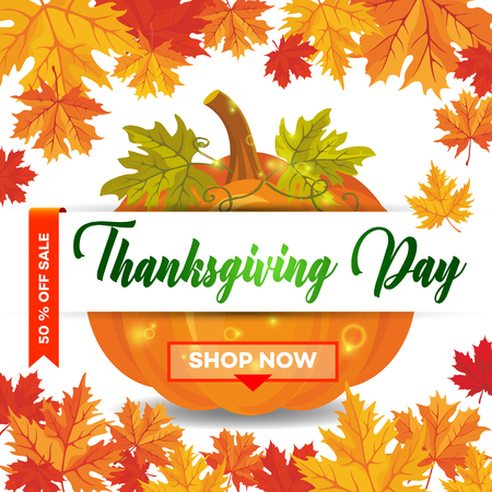 Template for Thanksgiving Day sale discount banner with autumn leaves and pumpkin. Vector illustration for invitation, posters, brochure, special offer voucher. American traditional family holiday.のイラスト素材