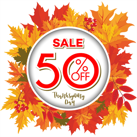 Template for Thanksgiving Day sale discount banner with autumn leaves and pumpkin. Vector illustration for invitation, posters, brochure, special offer voucher. American traditional family holiday.のイラスト素材