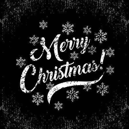 Unique vintage style handwritten lettering-Merry Christmas-with a snowflakes on black chalkboard. Holiday greetings quote. Great for Christmas and New year cards, flyers, posters, brochures, gift tags, invitation.のイラスト素材