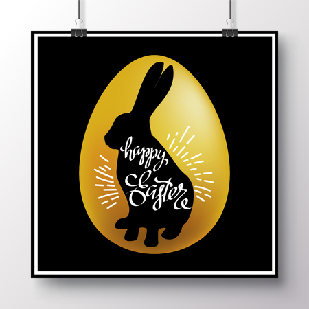 Poster with a handwritten phrase-happy easter on the black silhouette rabbit and gold egg. Vector illustration for wallpaper, flyers, invitation, posters, brochure, greeting card, banner.のイラスト素材