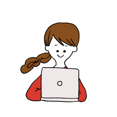 Hand-drawn style Remote work Woman using a computer Vector Colorful Popのイラスト素材